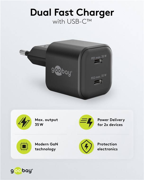 60x Goobay 75333 USB-C™ PD GaN Dual-Schnellladegerät Nano (35 W) schwarz, schwarz - 2x USB-C™-Anschluss (Power Delivery)