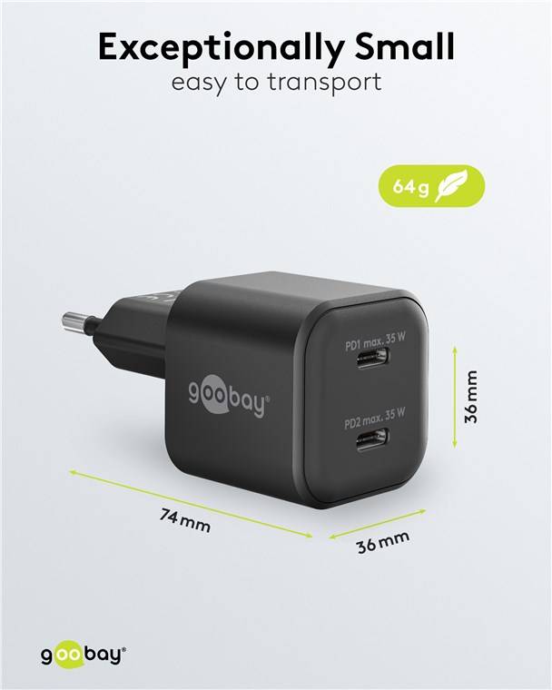 Goobay 75333 USB-C™ PD GaN Dual-Schnellladegerät Nano (35 W) schwarz, schwarz - 2x USB-C™-Anschluss (Power Delivery)