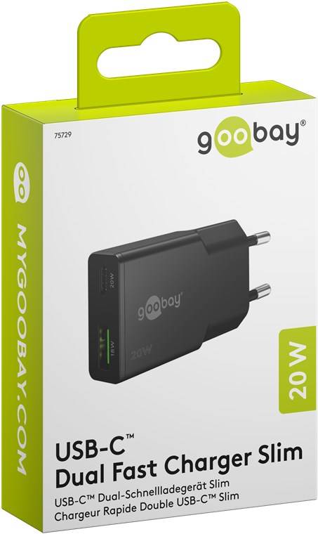 50x Goobay 75729 USB-C™ PD GaN Dual-Schnellladegerät Slim (20 W) schwarz, schwarz - 1x USB-C™-Anschluss (Power Delivery) und 1x USB-A-Anschluss (