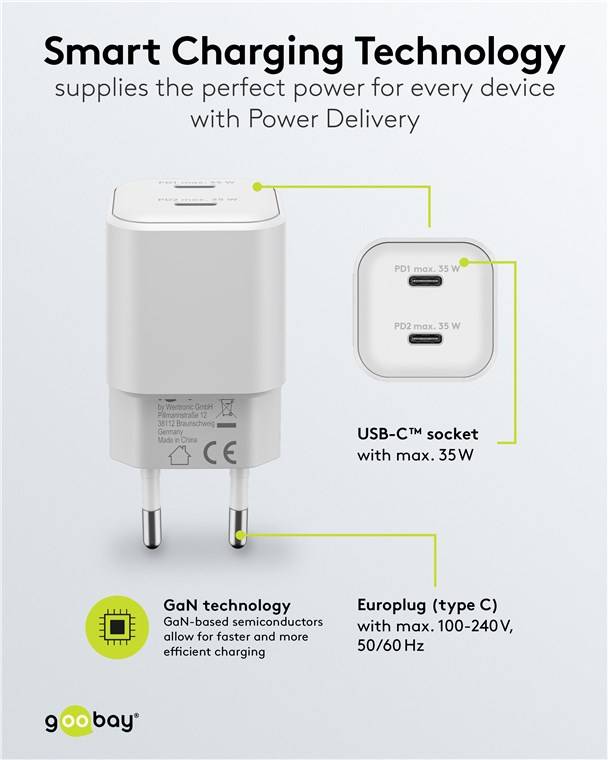 Goobay 75334 USB-C™ PD GaN Dual-Schnellladegerät Nano (35 W) weiß, weiß - 2x USB-C™-Anschluss (Power Delivery)