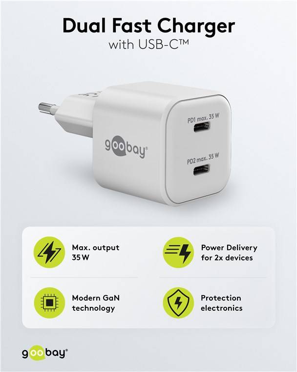60x Goobay 75334 USB-C™ PD GaN Dual-Schnellladegerät Nano (35 W) weiß, weiß - 2x USB-C™-Anschluss (Power Delivery)