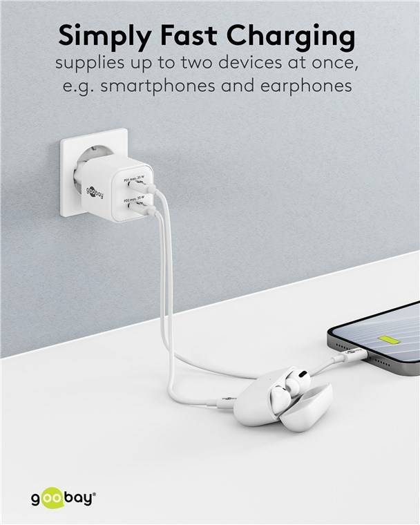 Goobay 75334 USB-C™ PD GaN Dual-Schnellladegerät Nano (35 W) weiß, weiß - 2x USB-C™-Anschluss (Power Delivery)