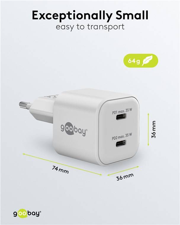 60x Goobay 75334 USB-C™ PD GaN Dual-Schnellladegerät Nano (35 W) weiß, weiß - 2x USB-C™-Anschluss (Power Delivery)