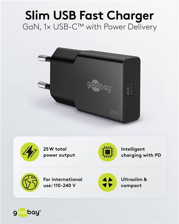 Goobay 75731 USB-C™ PD GaN Schnellladegerät Slim (25 W) schwarz, schwarz - 1x USB-C™-Anschluss (Power Delivery)