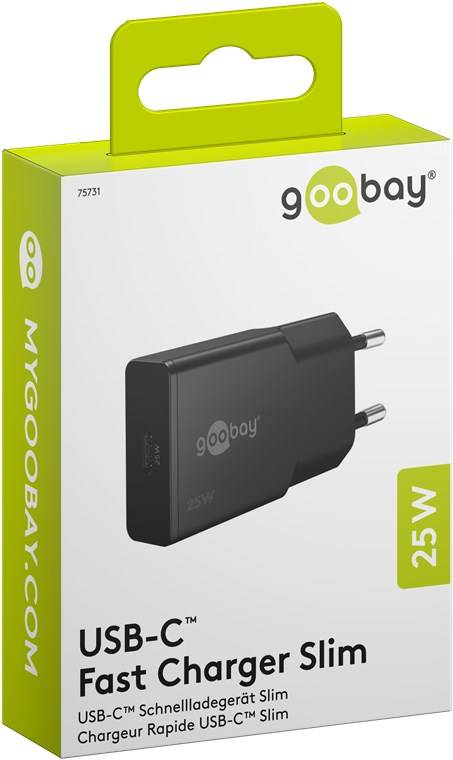 Goobay 75731 USB-C™ PD GaN Schnellladegerät Slim (25 W) schwarz, schwarz - 1x USB-C™-Anschluss (Power Delivery)