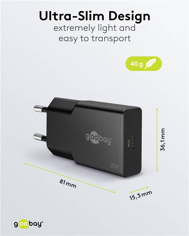Goobay 75731 USB-C™ PD GaN Schnellladegerät Slim (25 W) schwarz, schwarz - 1x USB-C™-Anschluss (Power Delivery)