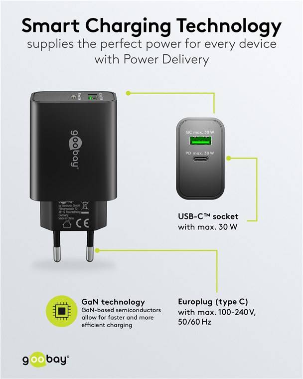 Goobay 75335 USB-C™ PD GaN Dual-Schnellladegerät (30 W) schwarz, schwarz - 1x USB-C™-Anschluss (Power Delivery) und 1x USB-A-Anschluss (Quick Cha