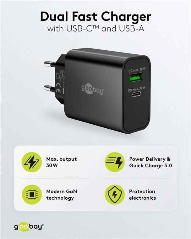 Goobay 75335 USB-C™ PD GaN Dual-Schnellladegerät (30 W) schwarz, schwarz - 1x USB-C™-Anschluss (Power Delivery) und 1x USB-A-Anschluss (Quick Cha