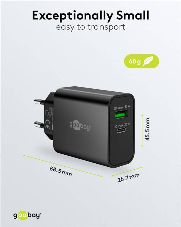 Goobay 75335 USB-C™ PD GaN Dual-Schnellladegerät (30 W) schwarz, schwarz - 1x USB-C™-Anschluss (Power Delivery) und 1x USB-A-Anschluss (Quick Cha