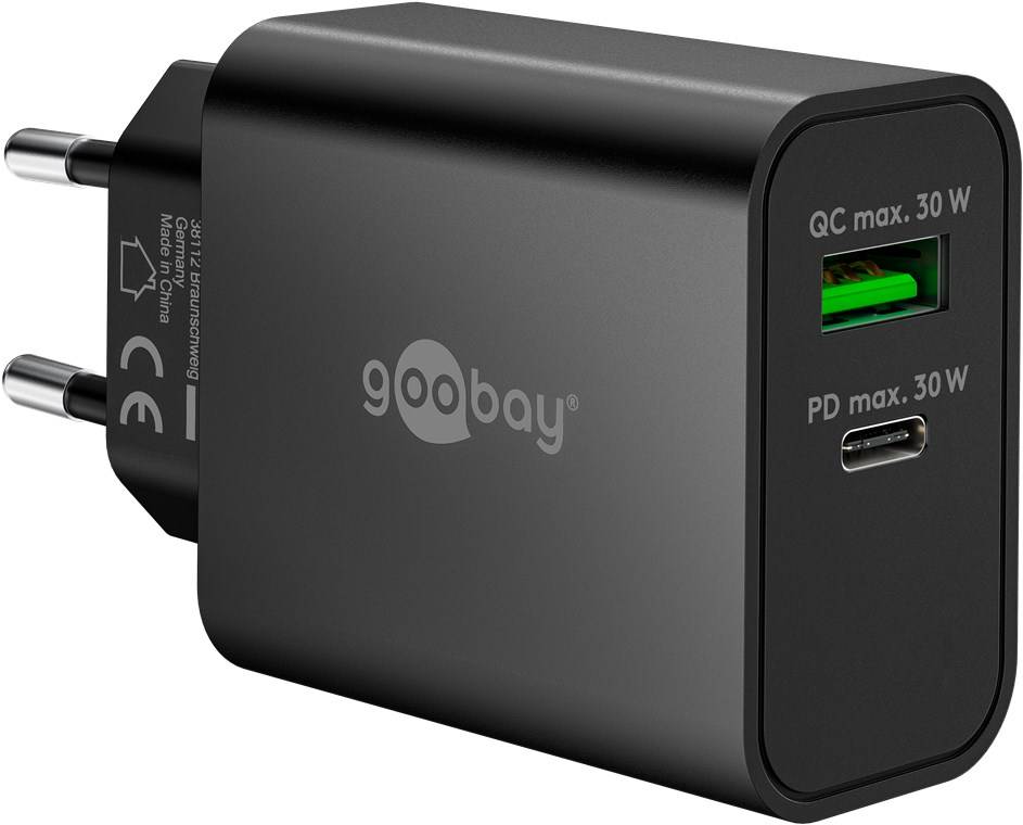 Goobay 75335 USB-C™ PD GaN Dual-Schnellladegerät (30 W) schwarz, schwarz - 1x USB-C™-Anschluss (Power Delivery) und 1x USB-A-Anschluss (Quick Cha