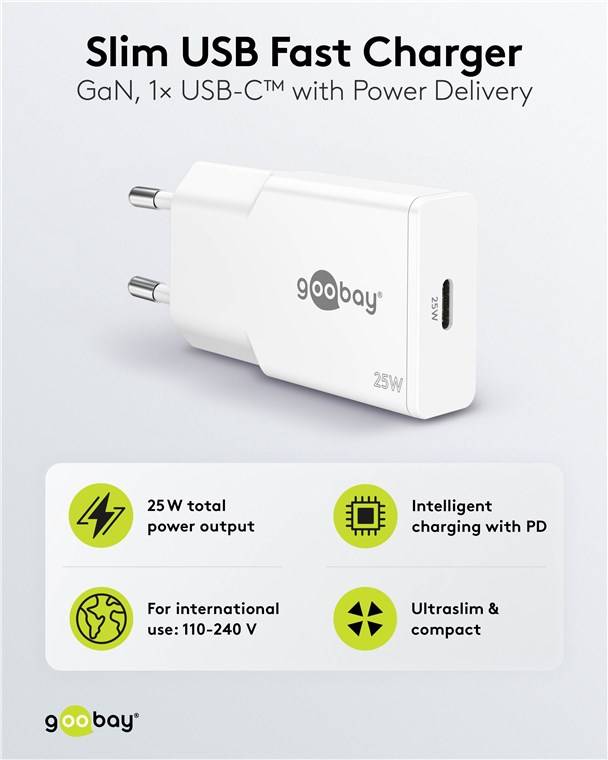 50x Goobay 75732 USB-C™ PD GaN Schnellladegerät Slim (25 W) weiß, weiß - 1x USB-C™-Anschluss (Power Delivery)