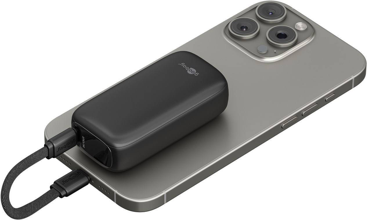 Goobay 76250 Powerbank 5.000 mAh mit integriertem USB-C™-Kabel, schwarz, 0.13 m - 20 W, kompaktes Travel Essential mit Power Delivery und Quick Char