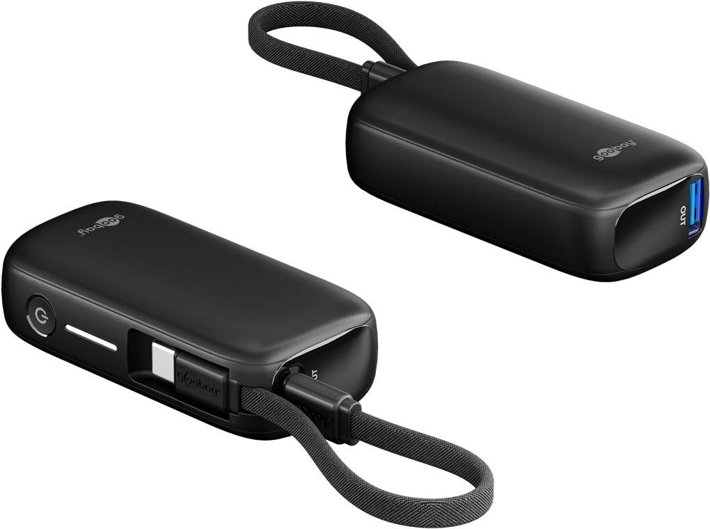 Goobay 76250 Powerbank 5.000 mAh mit integriertem USB-C™-Kabel, schwarz, 0.13 m - 20 W, kompaktes Travel Essential mit Power Delivery und Quick Char