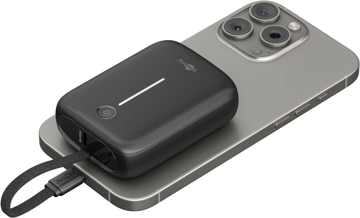 10x Goobay 76251 Powerbank 10.000 mAh mit integriertem USB-C™-Kabel, schwarz, 0.13 m - 20 W, kompaktes Travel Essential mit Power Delivery und Quick