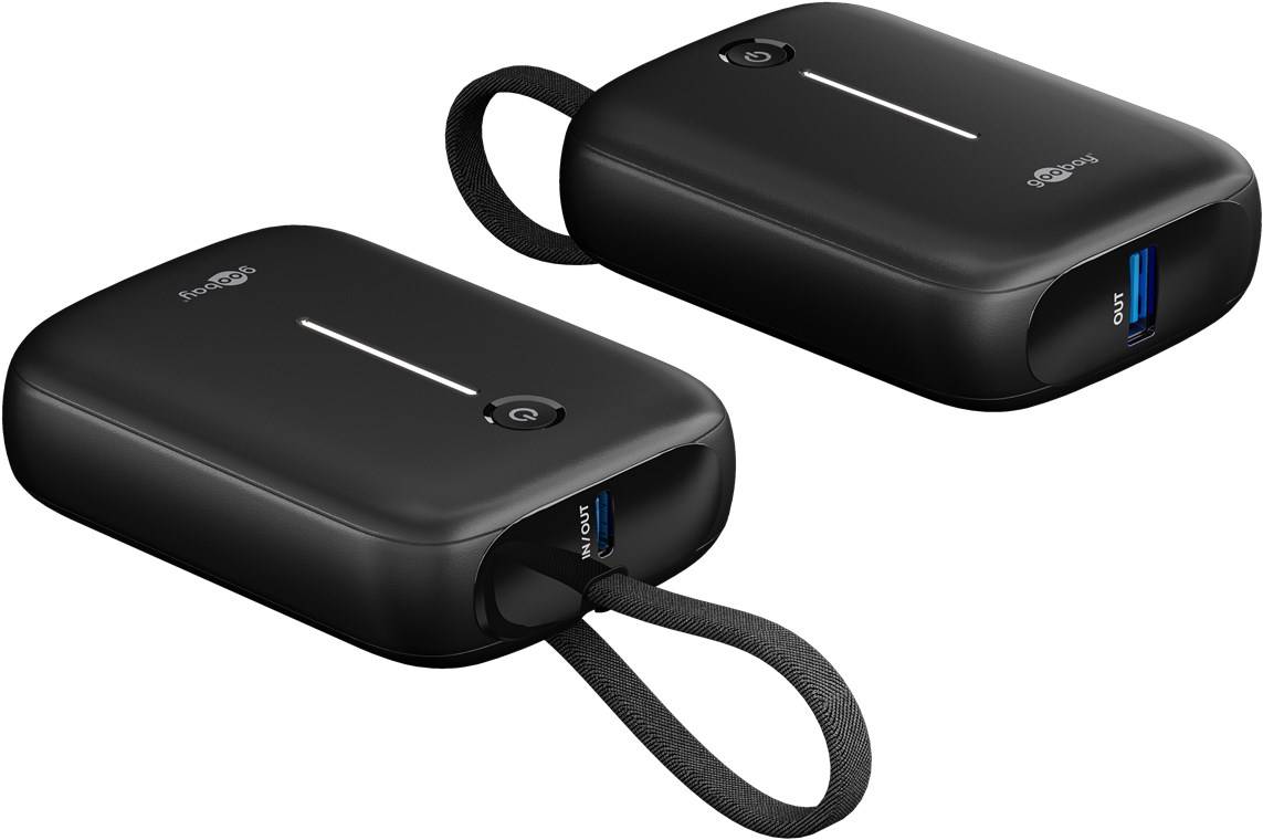10x Goobay 76251 Powerbank 10.000 mAh mit integriertem USB-C™-Kabel, schwarz, 0.13 m - 20 W, kompaktes Travel Essential mit Power Delivery und Quick