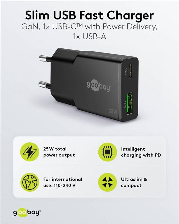 Goobay 75733 USB-C™ PD GaN Dual-Schnellladegerät Slim (25 W) schwarz, schwarz - 1x USB-C™-Anschluss (Power Delivery) und 1x USB-A-Anschluss (Quic