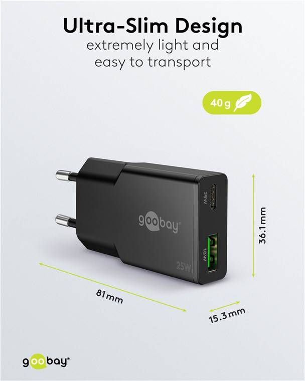 Goobay 75733 USB-C™ PD GaN Dual-Schnellladegerät Slim (25 W) schwarz, schwarz - 1x USB-C™-Anschluss (Power Delivery) und 1x USB-A-Anschluss (Quic