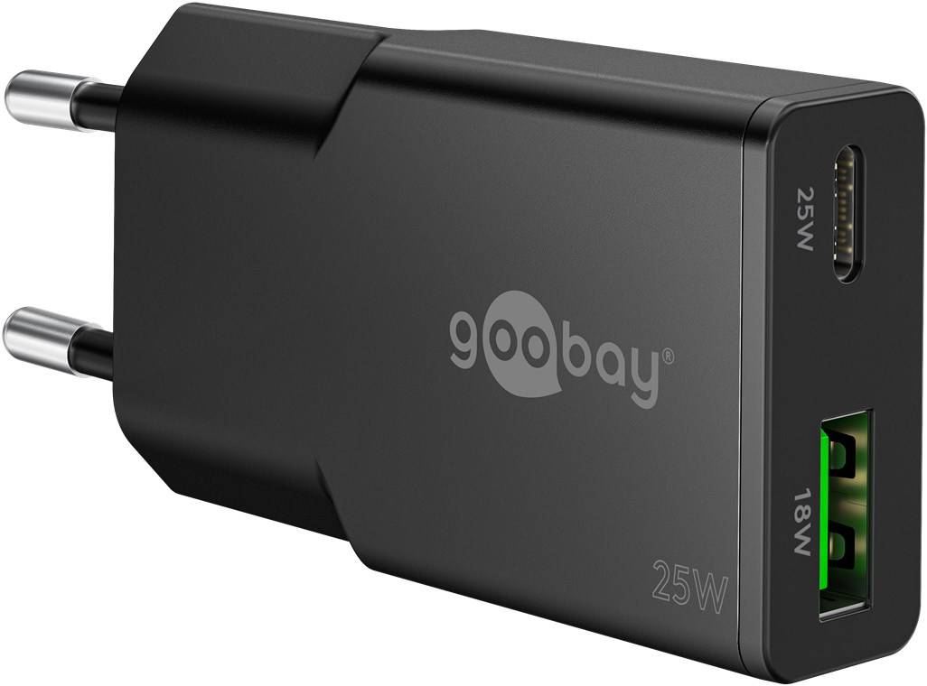 Goobay 75733 USB-C™ PD GaN Dual-Schnellladegerät Slim (25 W) schwarz, schwarz - 1x USB-C™-Anschluss (Power Delivery) und 1x USB-A-Anschluss (Quic