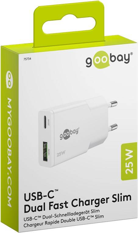 Goobay 75734 USB-C™ PD GaN Dual-Schnellladegerät Slim (25 W) weiß, weiß - 1x USB-C™-Anschluss (Power Delivery) und 1x USB-A-Anschluss (Quick Ch