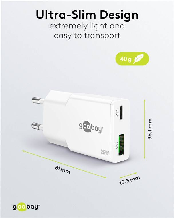Goobay 75734 USB-C™ PD GaN Dual-Schnellladegerät Slim (25 W) weiß, weiß - 1x USB-C™-Anschluss (Power Delivery) und 1x USB-A-Anschluss (Quick Ch