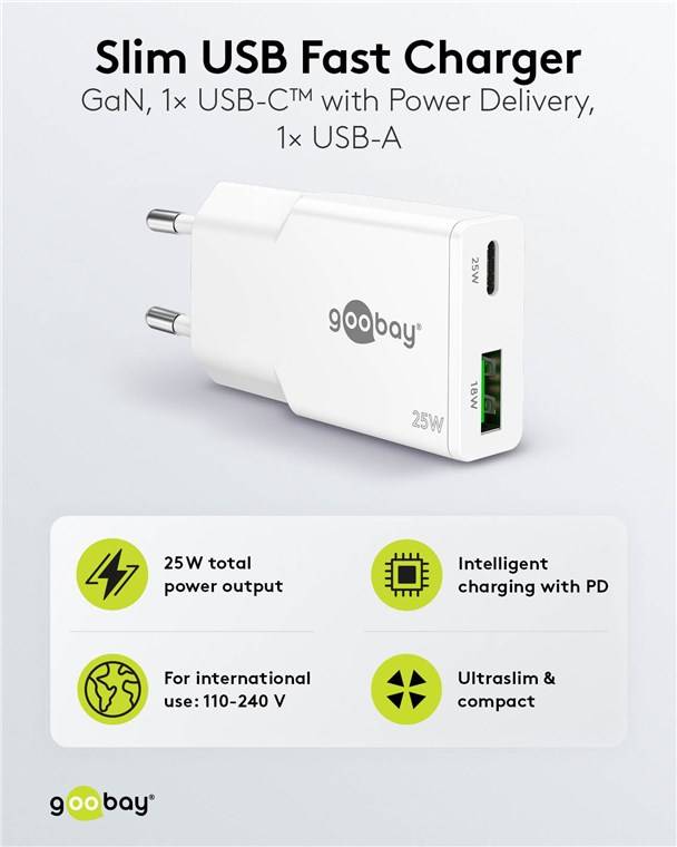 Goobay 75734 USB-C™ PD GaN Dual-Schnellladegerät Slim (25 W) weiß, weiß - 1x USB-C™-Anschluss (Power Delivery) und 1x USB-A-Anschluss (Quick Ch