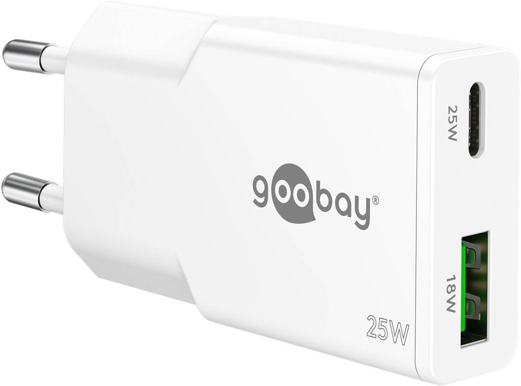 Goobay 75734 USB-C™ PD GaN Dual-Schnellladegerät Slim (25 W) weiß, weiß - 1x USB-C™-Anschluss (Power Delivery) und 1x USB-A-Anschluss (Quick Ch