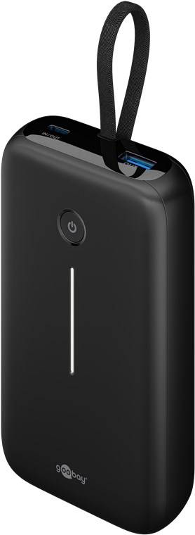 10x Goobay 76252 Powerbank 20.000 mAh mit integriertem USB-C™-Kabel, schwarz, 0.13 m - 30 W, kompaktes Travel Essential mit Power Delivery und Quick