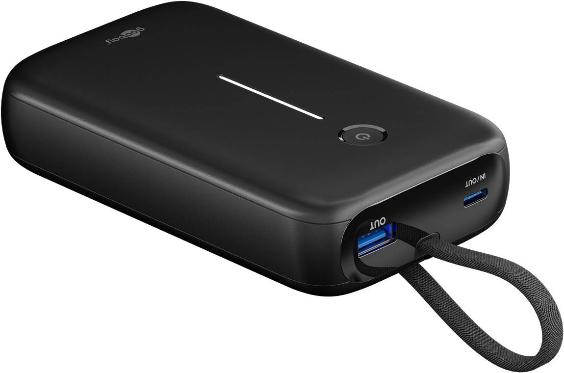 10x Goobay 76252 Powerbank 20.000 mAh mit integriertem USB-C™-Kabel, schwarz, 0.13 m - 30 W, kompaktes Travel Essential mit Power Delivery und Quick