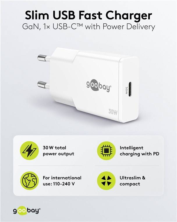 Goobay 75736 USB-C™ PD GaN Schnellladegerät Slim (30 W) weiß, weiß - 1x USB-C™-Anschluss (Power Delivery)