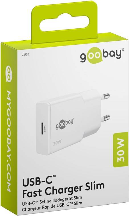 Goobay 75736 USB-C™ PD GaN Schnellladegerät Slim (30 W) weiß, weiß - 1x USB-C™-Anschluss (Power Delivery)