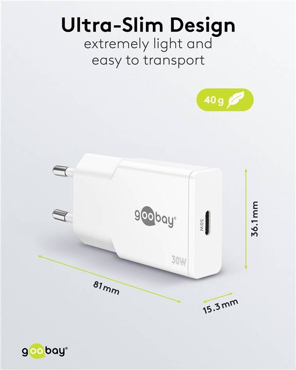 Goobay 75736 USB-C™ PD GaN Schnellladegerät Slim (30 W) weiß, weiß - 1x USB-C™-Anschluss (Power Delivery)