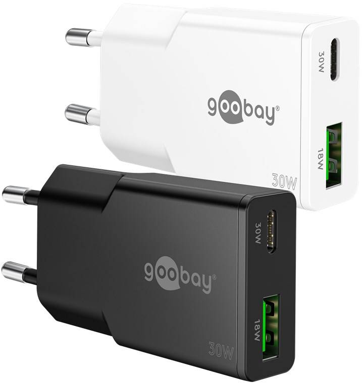 50x Goobay 75738 USB-C™ PD GaN Dual-Schnellladegerät Slim (30 W) weiß, weiß - 1x USB-C™-Anschluss (Power Delivery) und 1x USB-A-Anschluss (Quic