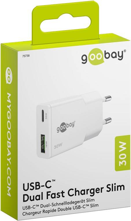 50x Goobay 75738 USB-C™ PD GaN Dual-Schnellladegerät Slim (30 W) weiß, weiß - 1x USB-C™-Anschluss (Power Delivery) und 1x USB-A-Anschluss (Quic