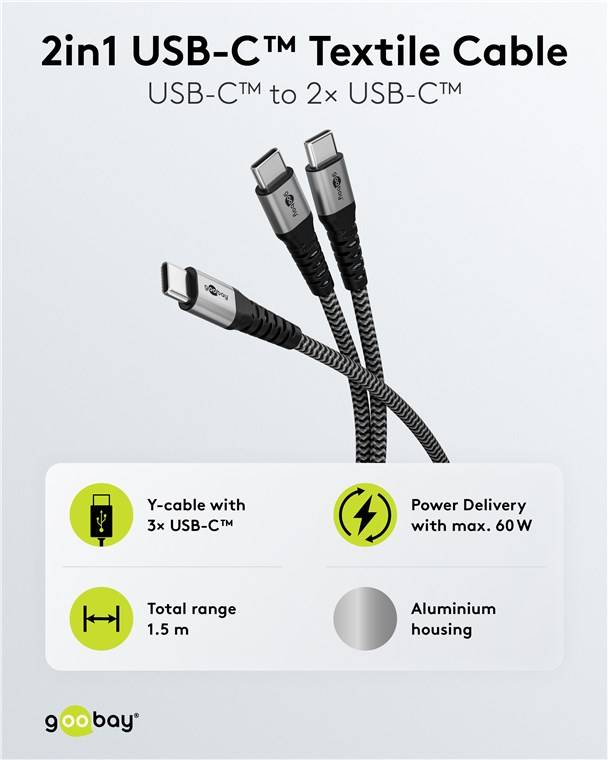 60x Goobay 75739 USB-C™-Textilkabel, 60 W, Power Delivery, 1,5 m, schwarz,grau, 1.5 m, schwarz-grau - USB-C™-Stecker > USB-C™-Stecker