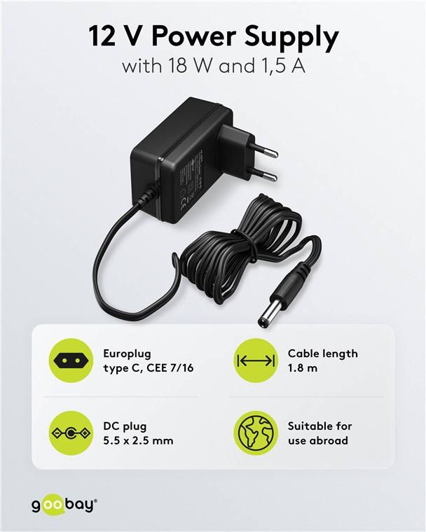 25x Goobay 64976 12-V-Netzteil (18 W / 1,5 A), schwarz, 1.8 m - mit DC-Stecker 5,5 mm x 2,5 mm