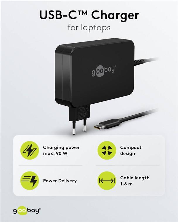 20x Goobay 65420 USB-C™-Ladegerät für Laptops (90 W) schwarz, 1.8 m - kompaktes Notebook-Netzteil mit Schnellladefunktion (Power Delivery)