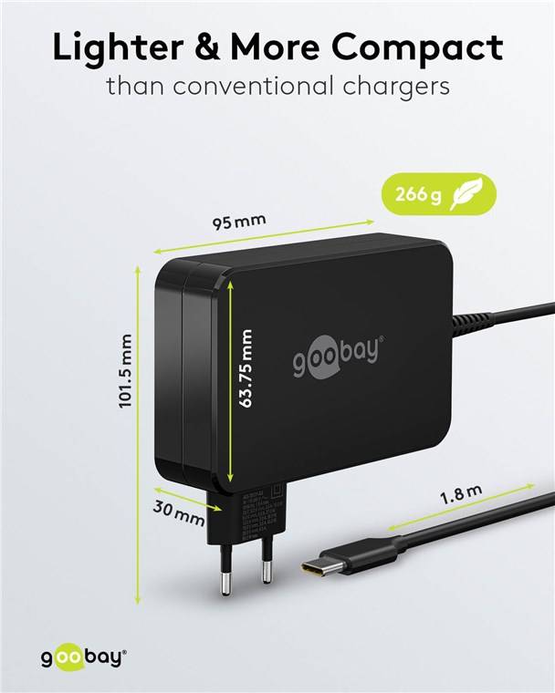 20x Goobay 65420 USB-C™-Ladegerät für Laptops (90 W) schwarz, 1.8 m - kompaktes Notebook-Netzteil mit Schnellladefunktion (Power Delivery)