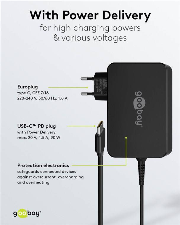 20x Goobay 65420 USB-C™-Ladegerät für Laptops (90 W) schwarz, 1.8 m - kompaktes Notebook-Netzteil mit Schnellladefunktion (Power Delivery)