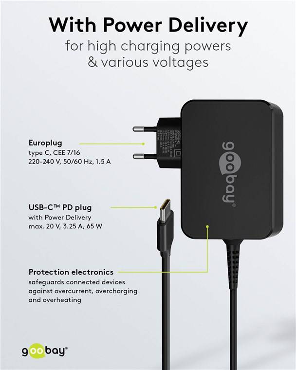 20x Goobay 65419 USB-C™-Ladegerät für Laptops (65 W) schwarz, 1.8 m - kompaktes Notebook-Netzteil mit Schnellladefunktion (Power Delivery)