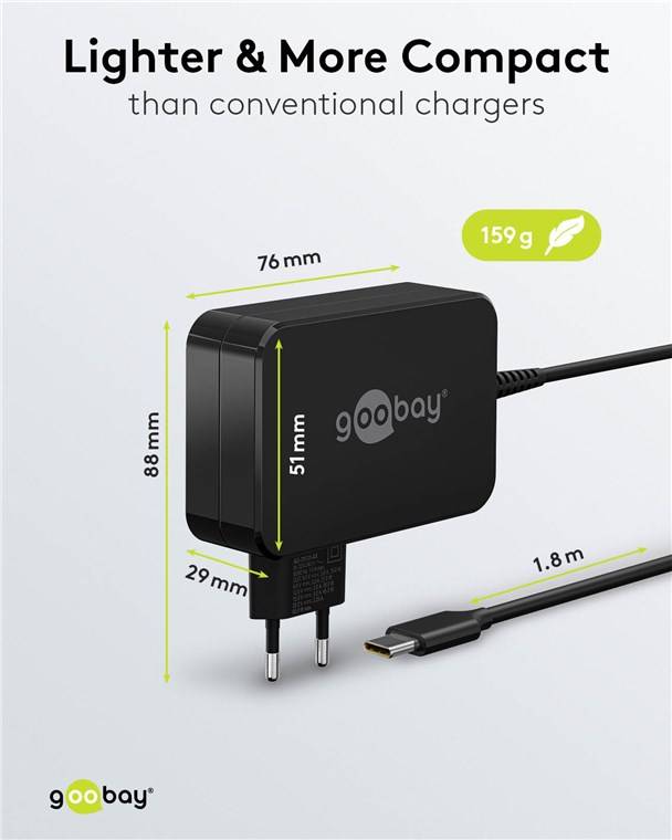 20x Goobay 65419 USB-C™-Ladegerät für Laptops (65 W) schwarz, 1.8 m - kompaktes Notebook-Netzteil mit Schnellladefunktion (Power Delivery)