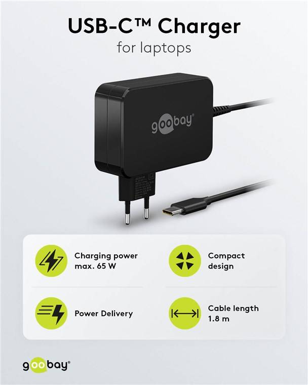 Goobay 65419 USB-C™-Ladegerät für Laptops (65 W) schwarz, 1.8 m - kompaktes Notebook-Netzteil mit Schnellladefunktion (Power Delivery)