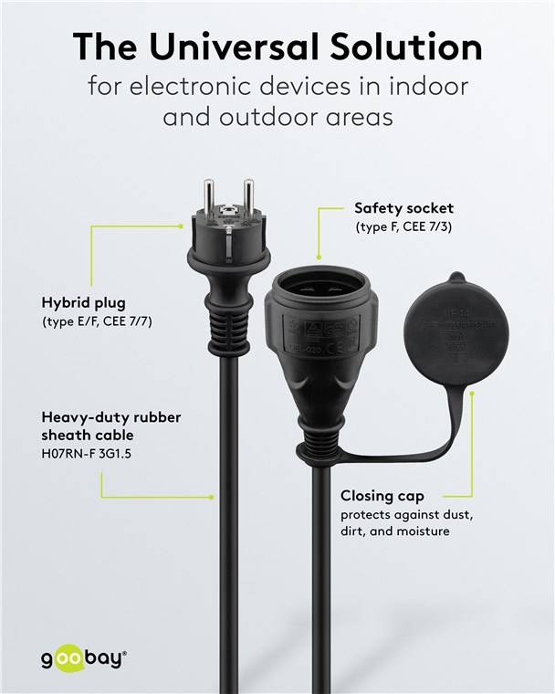6x Goobay 44841 Netzkabel Outdoor, 25 m, schwarz, (3*1,5 mm²) - Schutzkontaktstecker Hybrid (Typ E/F, CEE 7/7) > Schutzkontaktbuchse (Typ F, CEE