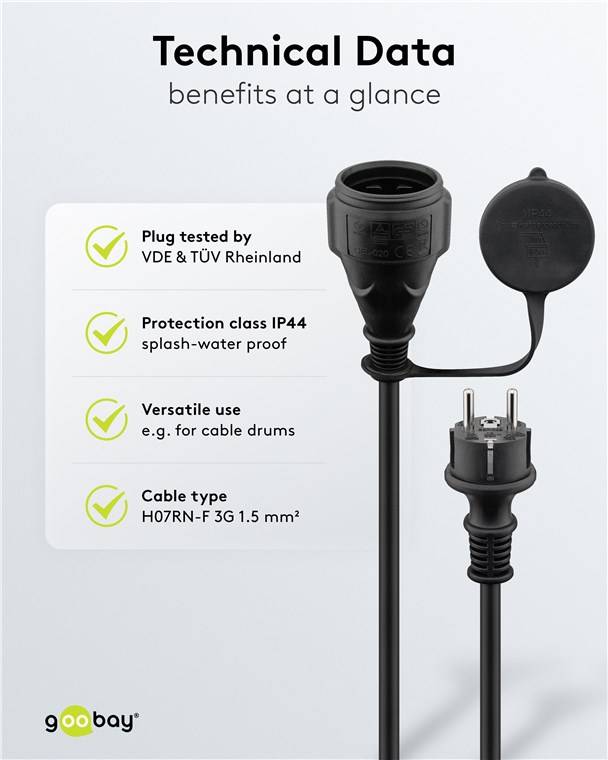 6x Goobay 44841 Netzkabel Outdoor, 25 m, schwarz, (3*1,5 mm²) - Schutzkontaktstecker Hybrid (Typ E/F, CEE 7/7) > Schutzkontaktbuchse (Typ F, CEE
