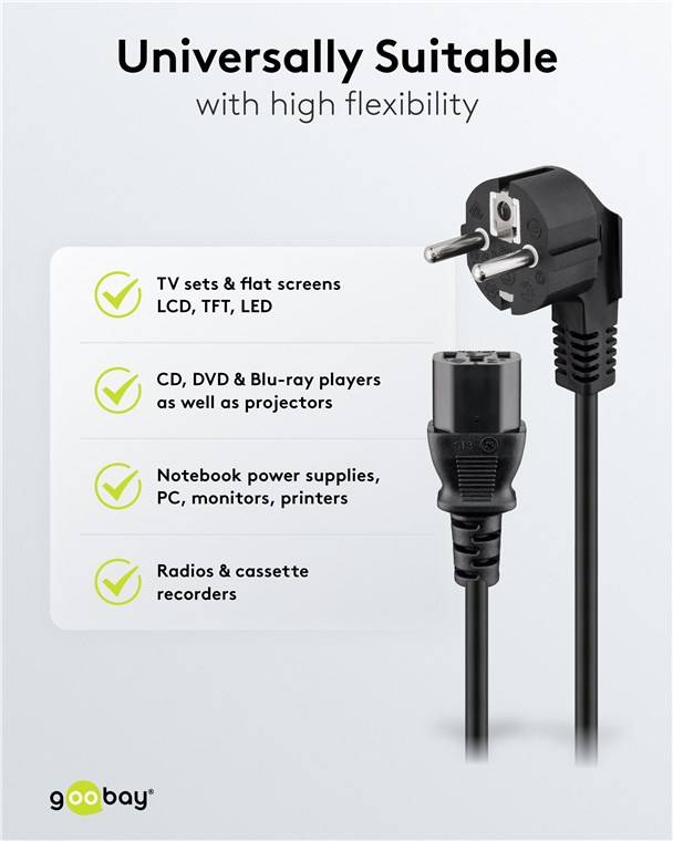 30x Goobay 59566 Abgewinkeltes Kaltgeräte-Anschlusskabel, 1,8 m, Schwarz, (3*0,75 mm²), 1.8 m - Schutzkontaktstecker Hybrid (Typ E/F, CEE 7/7) 90°
