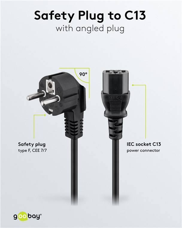 30x Goobay 59566 Abgewinkeltes Kaltgeräte-Anschlusskabel, 1,8 m, Schwarz, (3*0,75 mm²), 1.8 m - Schutzkontaktstecker Hybrid (Typ E/F, CEE 7/7) 90°