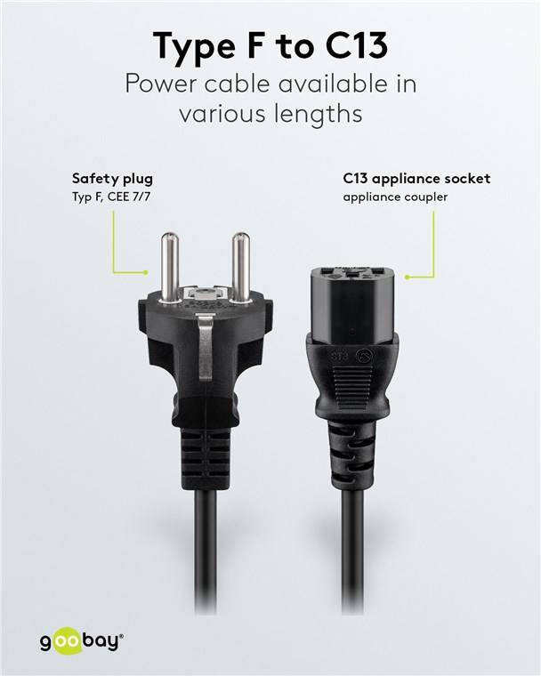 30x Goobay 59571 Kaltgeräte-Anschlusskabel,1,8 m, Schwarz, (3*0,75 mm²), 1.8 m - Schutzkontaktstecker Hybrid (Typ E/F, CEE 7/7) > Gerätebuchse C13