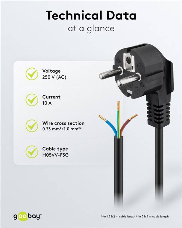 30x Goobay 59572 Schutzkontaktkabel abgewinkelt zum Konfektionieren, 1,8 m, Schwarz, (3*0,75 mm²), 1.8 m - Schutzkontaktstecker Hybrid (Typ E/F, CEE