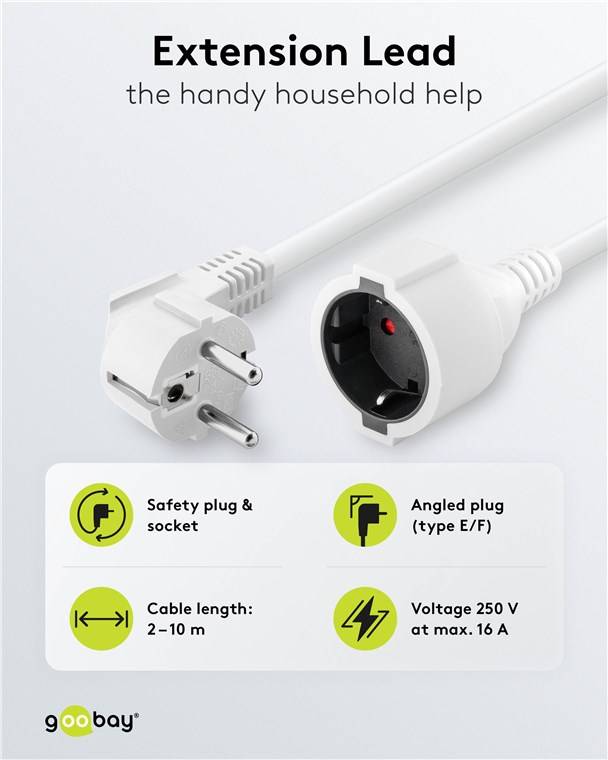 5x Goobay 93089 Verlängerungskabel Schutzkontakt, 10 m, weiß, (3*1,5 mm²), 10 m - Schutzkontaktstecker Hybrid (Typ E/F, CEE 7/7) 90° > Schutzkonta
