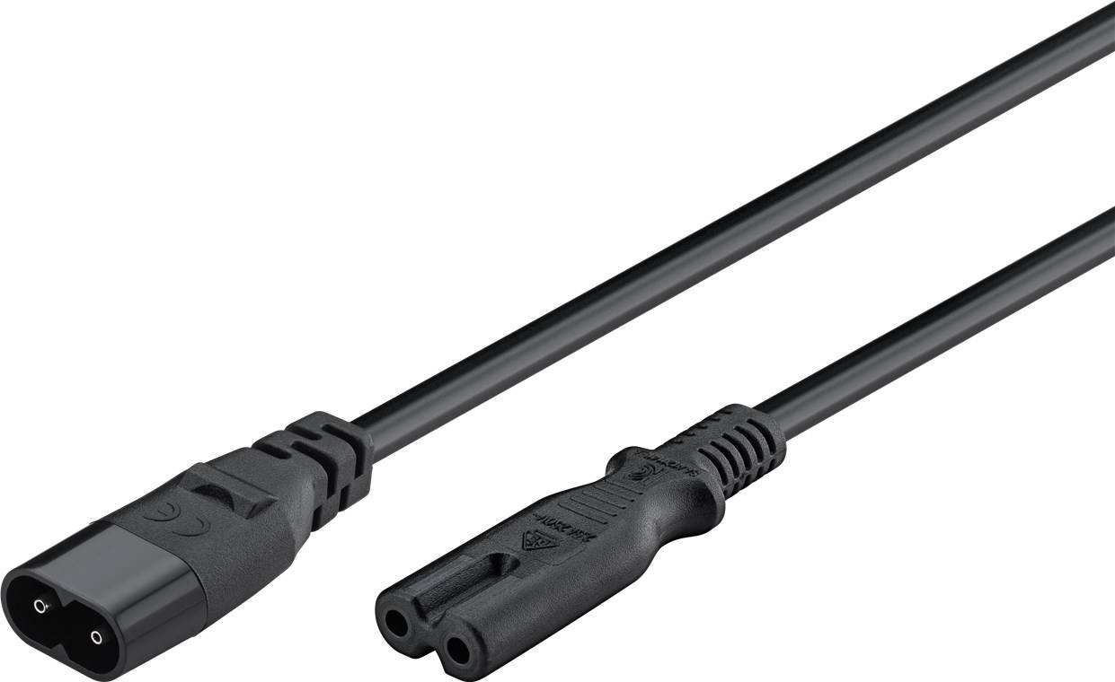 60x Goobay 97201 Verlängerungskabel C7/C8, 2 m, Schwarz, (2*0,75 mm²), Schwarz - Gerätestecker C8 > Gerätebuchse C7