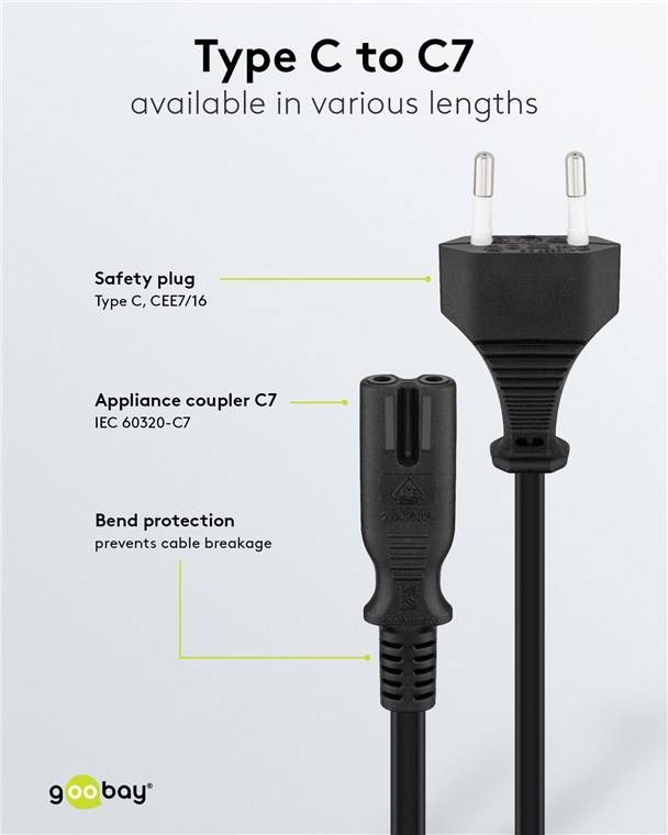 60x Goobay 59567 Anschlusskabel mit Eurostecker, 1,3 m, schwarz, (2*0,75 mm²), 1.3 m - Eurostecker (Typ C, CEE 7/16) > Gerätebuchse C7